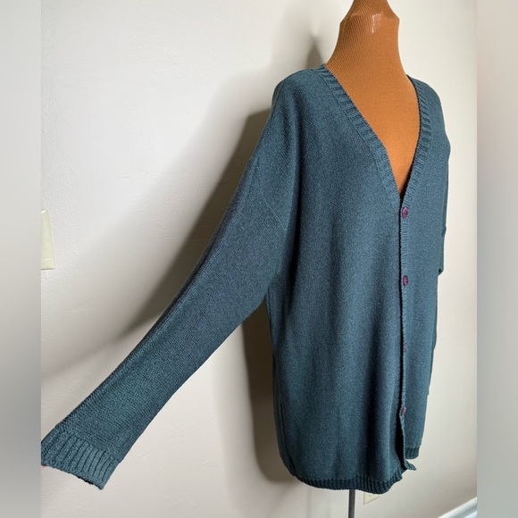 Joan Vass Teal Cardigan V Neck Oversized Purple Buttons Size XL - Picture 3 of 9